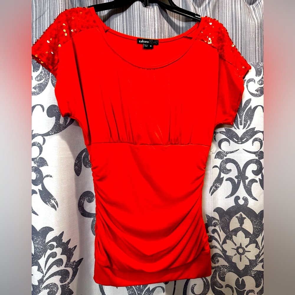 EUC Takara Orange Embellished Cap Sleeve Maternity Blouse Size M